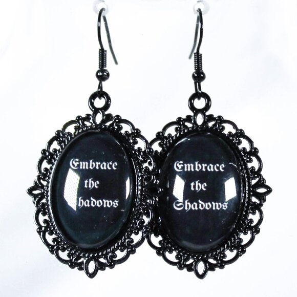 Gothic Quote Earrings – “Embrace the Shadows” Black Cameo Jewelry - Picture 2 of 4